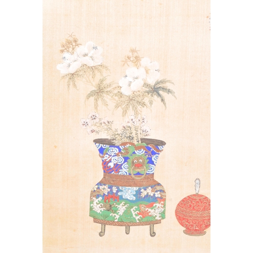 999 - Two 19th Century oriental paintings on silk material, one large Chinese piece depicting chinoiserie ... 