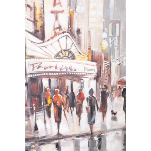 660 - Contemporary oil on canvas abstract painting. Depicting a theatre front / Broadway show in a busy ci... 