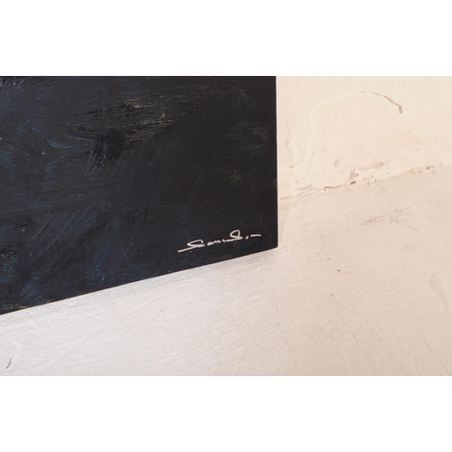 661 - A contemporary oil on canvas painting. In a black ground with white wide paint strokes in the from o... 