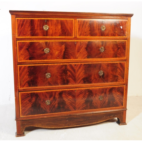 875 - An Edwardian circa 1910s mahogany flame chest of drawers. Rectangular form with chamfered edge top, ... 