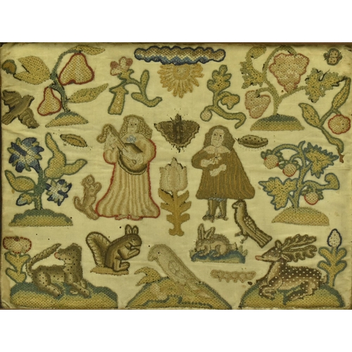 4 - A Charles II 17th century needlework stumpwork embroidery panel. The embroidery backed on silk featu... 