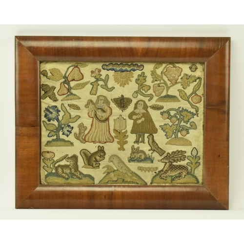 4 - A Charles II 17th century needlework stumpwork embroidery panel. The embroidery backed on silk featu... 