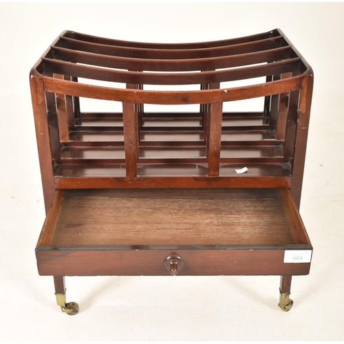 603 - A 19th century George III mahogany canterbury magazine rack stand. The Canterbury being raised on sq... 