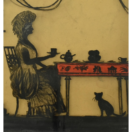 403 - A 19th century Victorian reverse glass silhouette painting. The silhouette depicting a well dressed ... 