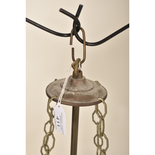 411 - An Art Deco inspired 20th century bronzed metal & glass rod four arm ceiling chandelier light. The c... 