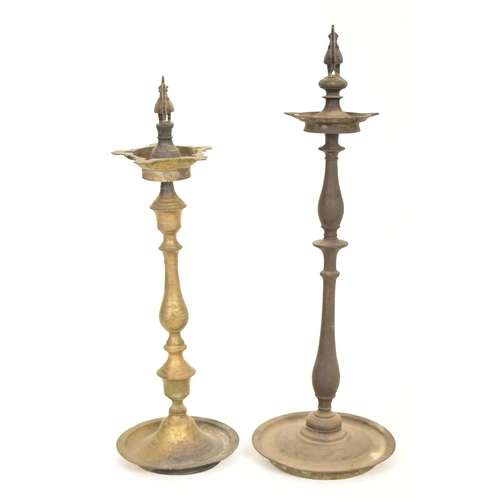 419 - Two Anglo-Indian 19th century floor standing brass pricket incense burners, likely used at altars. E... 