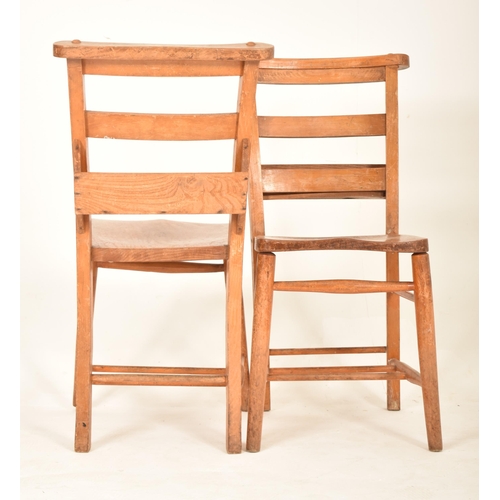 445 - A set of twelve Victorian 19th century beech and elm wood chapel / church inspired chairs. Each chai... 