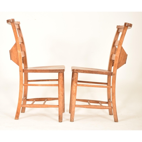 445 - A set of twelve Victorian 19th century beech and elm wood chapel / church inspired chairs. Each chai... 