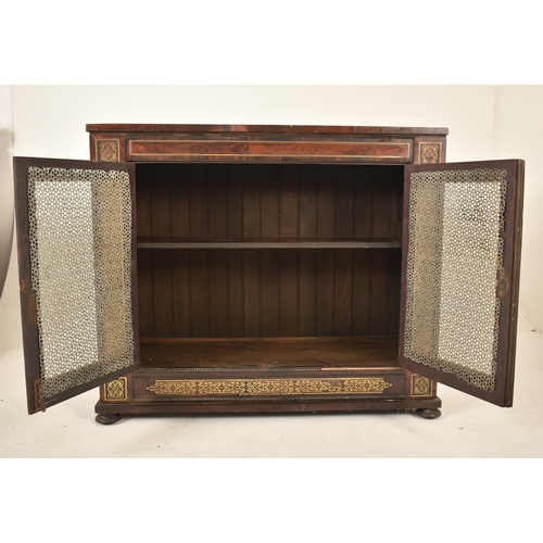 460 - A Regency early 19th century rosewood and marble top brass inlaid pier cabinet / sideboard. The cabi... 