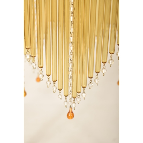 461 - An Art Deco inspired 20th century brassed metal & glass rod ceiling chandelier light. The chandelier... 