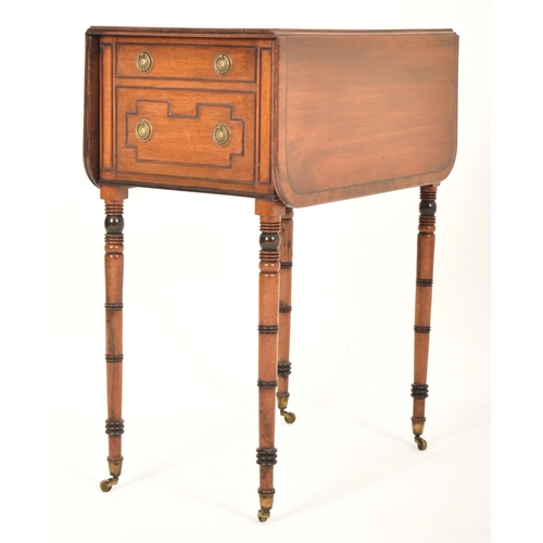 320 - A George III early 19th century mahogany drop leaf ladies work table. The table having a squared top... 