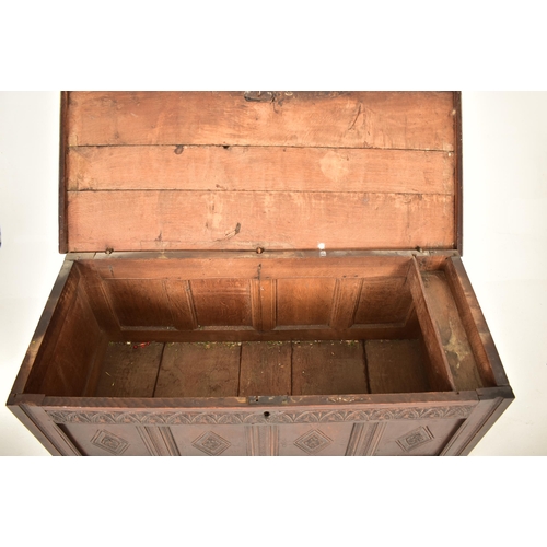 339 - A late 17th century / early 18th century carved oak trunk blanket box chest. The trunk having a stra... 