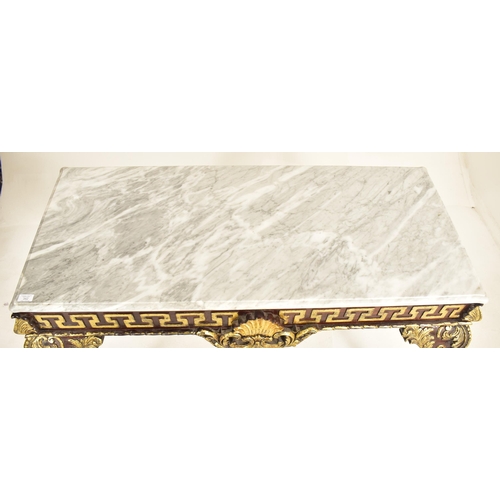 342 - A William Kent 18th century inspired gilt wood & marble top hall console table. The table having a c... 