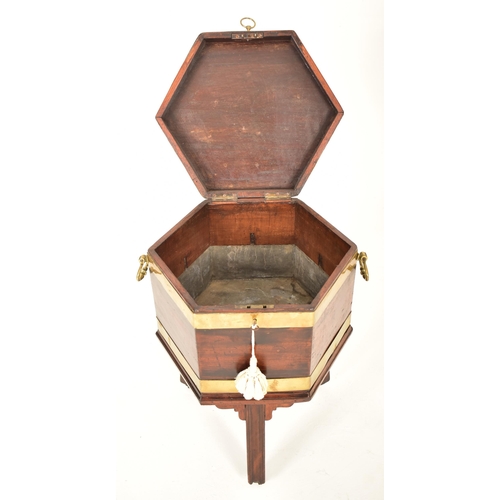 345 - A George III 19th century mahogany & brass bound hexagonal wine cooler on stand. The cooler having a... 