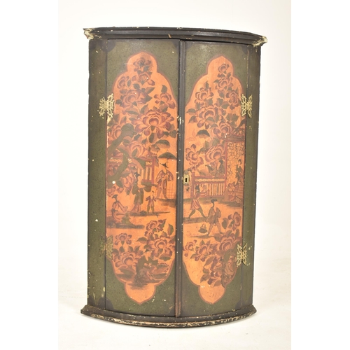 347 - A Chinese influenced 19th century Chinoiserie green painted hanging corner cupboard cabinet. the cup... 