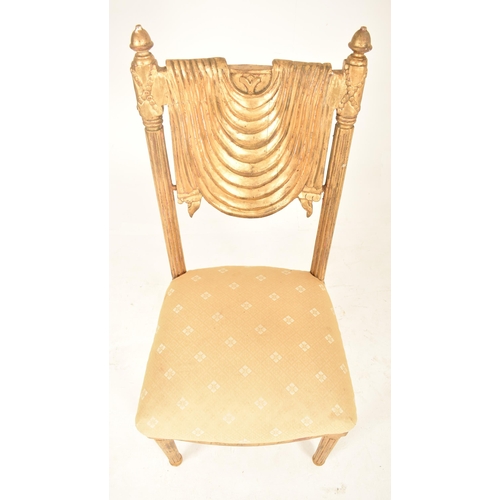 351 - A French Continental 20th century giltwood decorative side chair. The chair having turned finials at... 