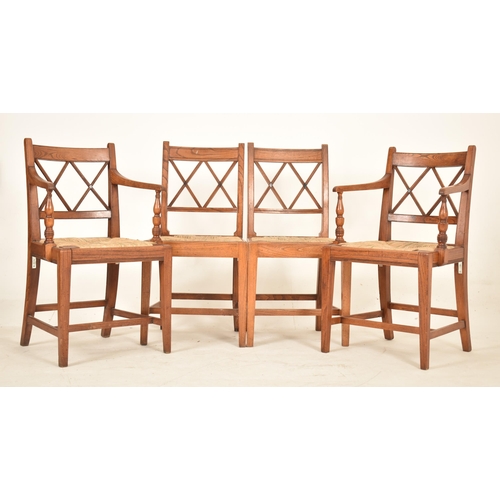 352 - A set of eight Regency early 19th century elm & rush seat dining chairs with carvers. Each chair hav... 