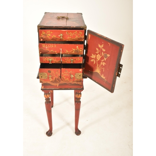 365 - A late 19th century Chinese red lacquered cabinet on stand. The cabinet top having a brass handle wi... 