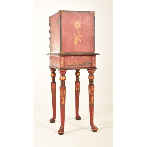 365 - A late 19th century Chinese red lacquered cabinet on stand. The cabinet top having a brass handle wi... 