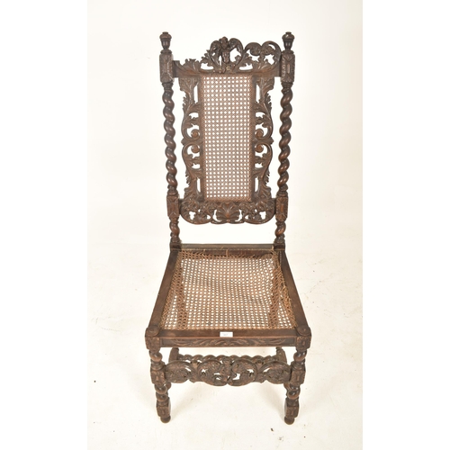 367 - A Carolean 17th century carved walnut & wicker hall chair. The chair having urn shaped finials atop ... 