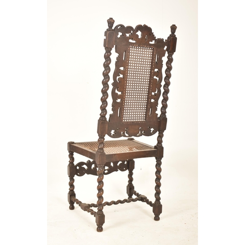 367 - A Carolean 17th century carved walnut & wicker hall chair. The chair having urn shaped finials atop ... 