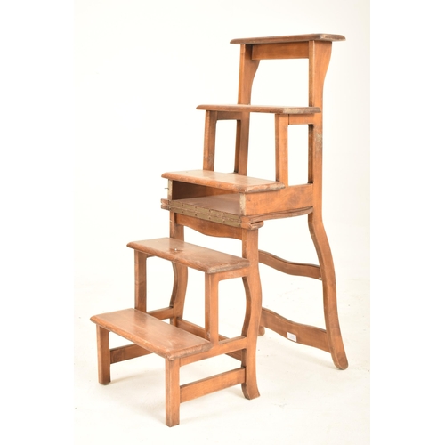 377 - An Edwardian early 20th century beech wood metamorphic set of library steps / chair. The chair havin... 