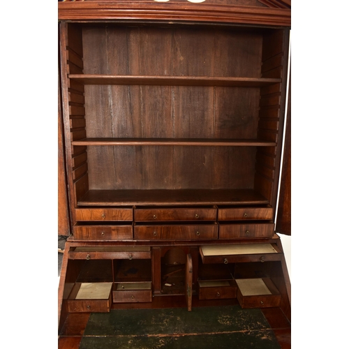 396 - A Queen Anne 18th century burr walnut bureau bookcase or estate cabinet. The cabinet having a scroll... 