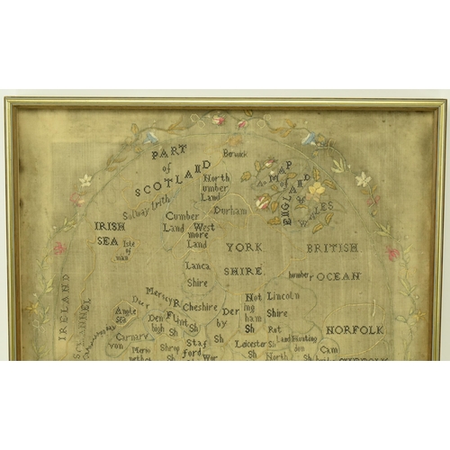 261 - An early 19th century 1805 George III needlepoint map of England and Wales. Pointed within an oval c... 