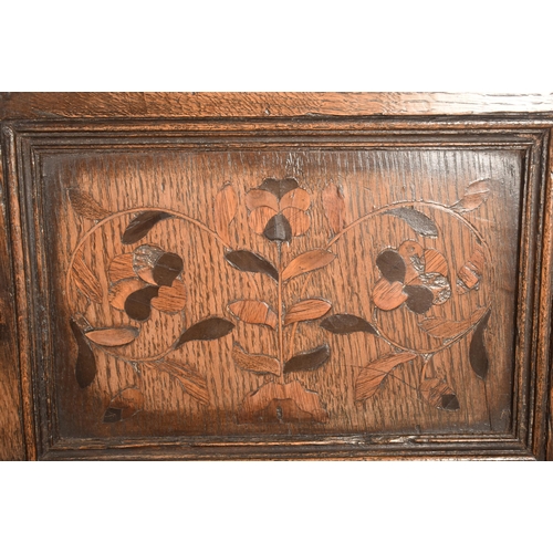 287 - An Elizabethan inspired 19th century carved oak & marquetry court cupboard credenza. The cupboard ha... 