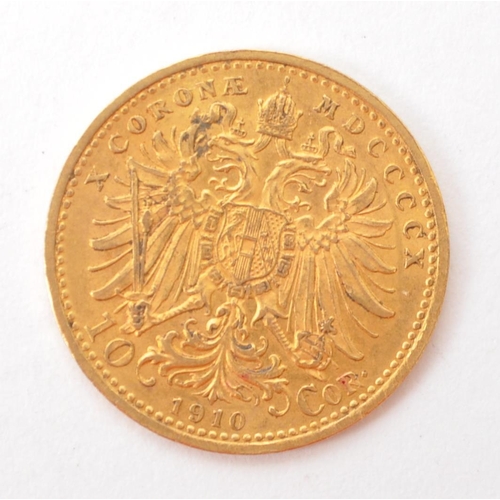 520a - 10 Corona 1910 Austrian Franz Joseph I 900 gold coin. Imperial Eagle superimposed with the Austrian ... 