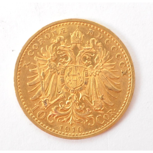 540A - 10 Corona 1910 Austrian Franz Joseph I 900 gold coin. Imperial Eagle superimposed with the Austrian ... 