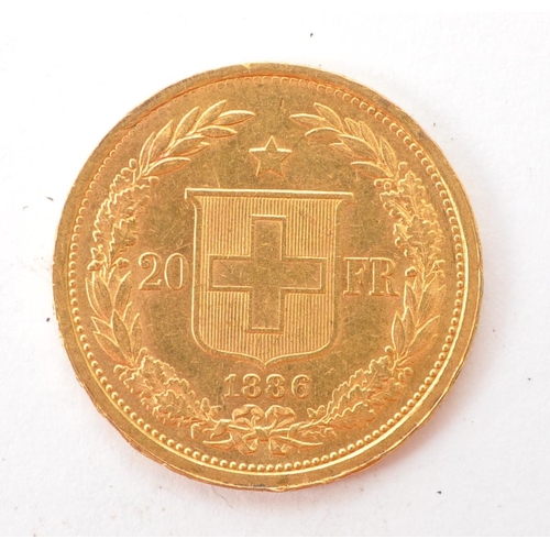 550 - Late 19th century 1886 Swiss 20 franc gold coin. “CONFEDERATIO HELVETICA