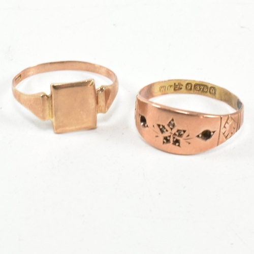 103 - Two gold rings AF. The rings to include a Victorian hallmarked 9ct rose gold ring with engraved flow... 