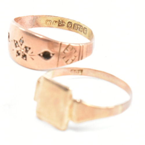 103 - Two gold rings AF. The rings to include a Victorian hallmarked 9ct rose gold ring with engraved flow... 