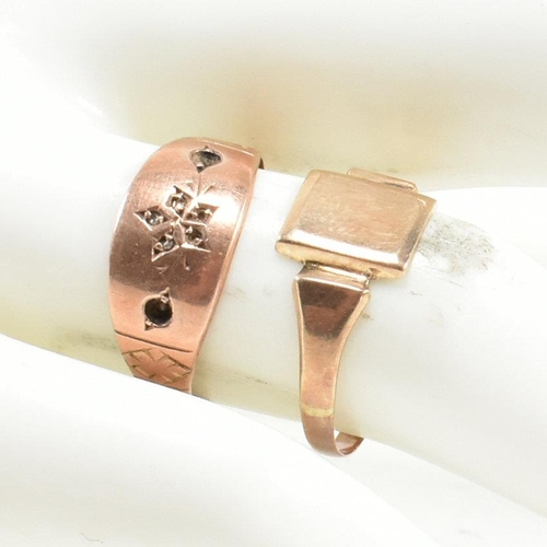 103 - Two gold rings AF. The rings to include a Victorian hallmarked 9ct rose gold ring with engraved flow... 