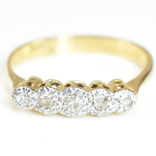 121 - An 18ct gold illusion set diamond five stone ring. The 18ct gold ring having a single row of five il... 