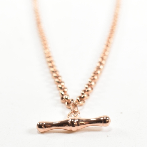 136 - A hallmarked 9ct rose gold albert chain with T-bar pendant. The Italian rose gold belcher chain havi... 