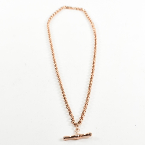 136 - A hallmarked 9ct rose gold albert chain with T-bar pendant. The Italian rose gold belcher chain havi... 