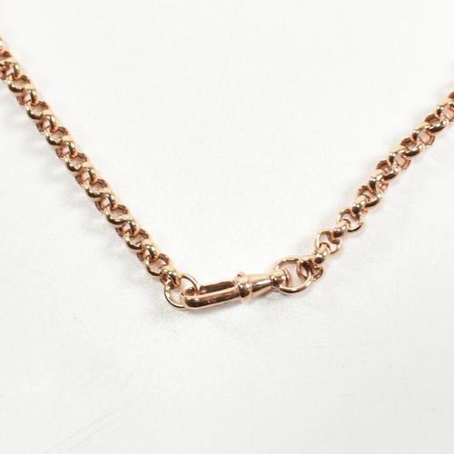 136 - A hallmarked 9ct rose gold albert chain with T-bar pendant. The Italian rose gold belcher chain havi... 