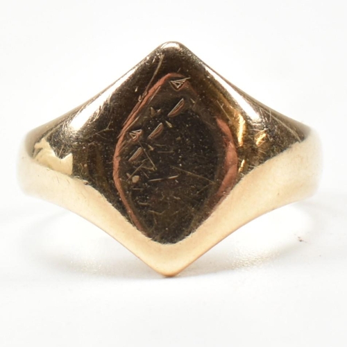 153 - An early 20th century hallmarked 9ct gold signet ring AF. The 9ct gold navette signet ring having a ... 