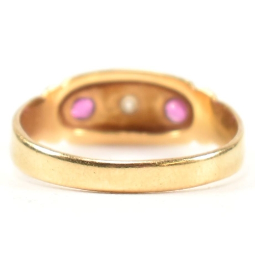 158 - A Victorian hallmarked 18ct gold, ruby and diamond dome ring. The three stone gypsy style ring havin... 