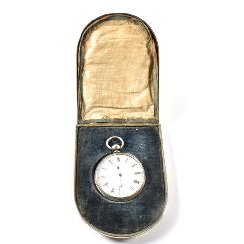 161 - A silver open faced pocket watch in oversized protective case marked for J Gledhill. The open faced ... 