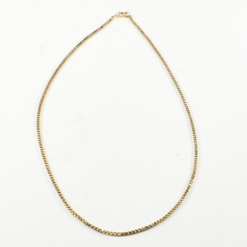 202 - A 9ct gold box link chain necklace. The necklace marked 9ct. Measures 46cm. Weighs 7.1g. All weights... 