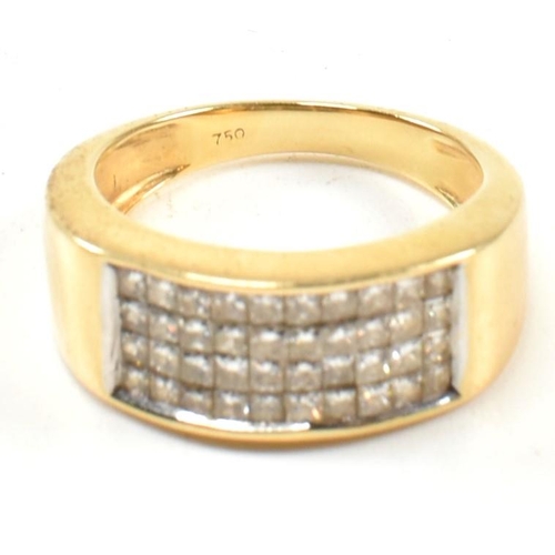 219 - An 18ct gold and diamond cluster ring. The ring having a rectangular head set with four rows of ten ... 