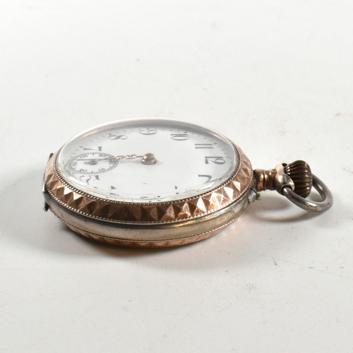 236 - A silver 800 continental open faced pocket watch. Enamel dial with Arabic numbers, breguet hands  wi... 