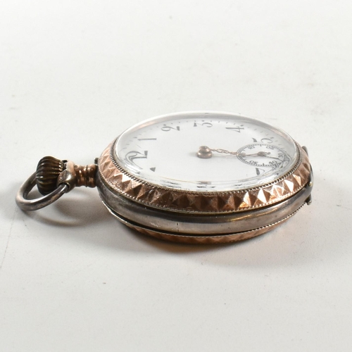 236 - A silver 800 continental open faced pocket watch. Enamel dial with Arabic numbers, breguet hands  wi... 