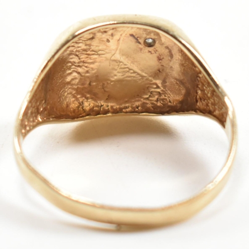 242 - A hallmarked 9ct gold and diamond engraved signet ring. The signet ring having a half engraved squar... 