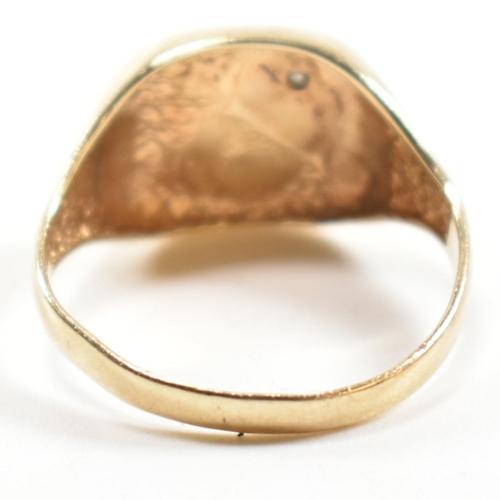 242 - A hallmarked 9ct gold and diamond engraved signet ring. The signet ring having a half engraved squar... 