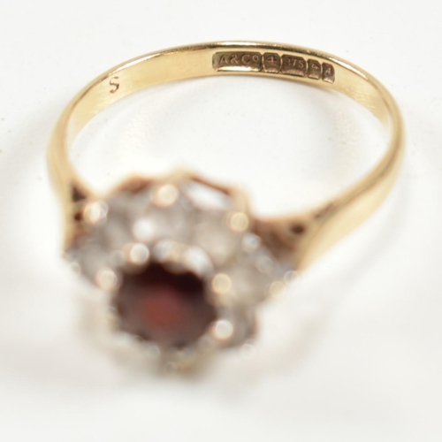 247 - Three 9ct gold and gem set rings. The rings to include a hallmarked 9ct gold, garnet and CZ cluster ... 