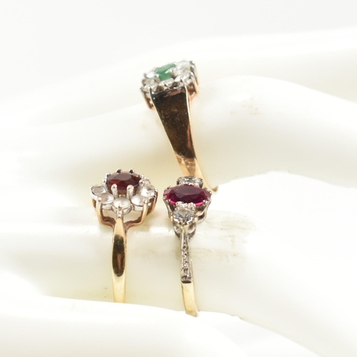 247 - Three 9ct gold and gem set rings. The rings to include a hallmarked 9ct gold, garnet and CZ cluster ... 